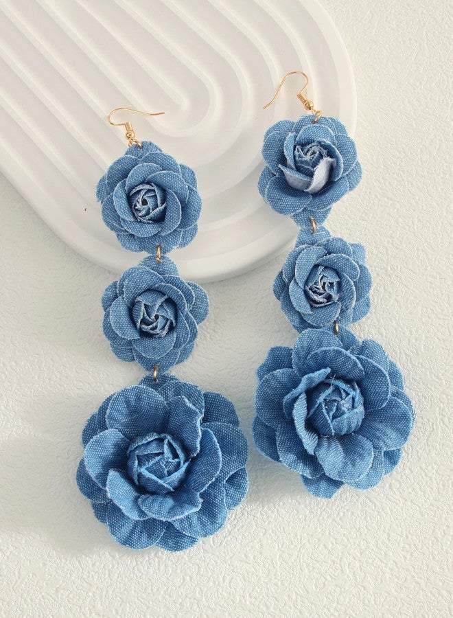DATOA Boho Denim Camellia Flower Dangle Hook Long Earrings for Women 3 Layered Tiered Blossom Dangling Drop Gold Plated Earring Chic Jewelry Gifts Wedding Bridal - Blue - Image 3